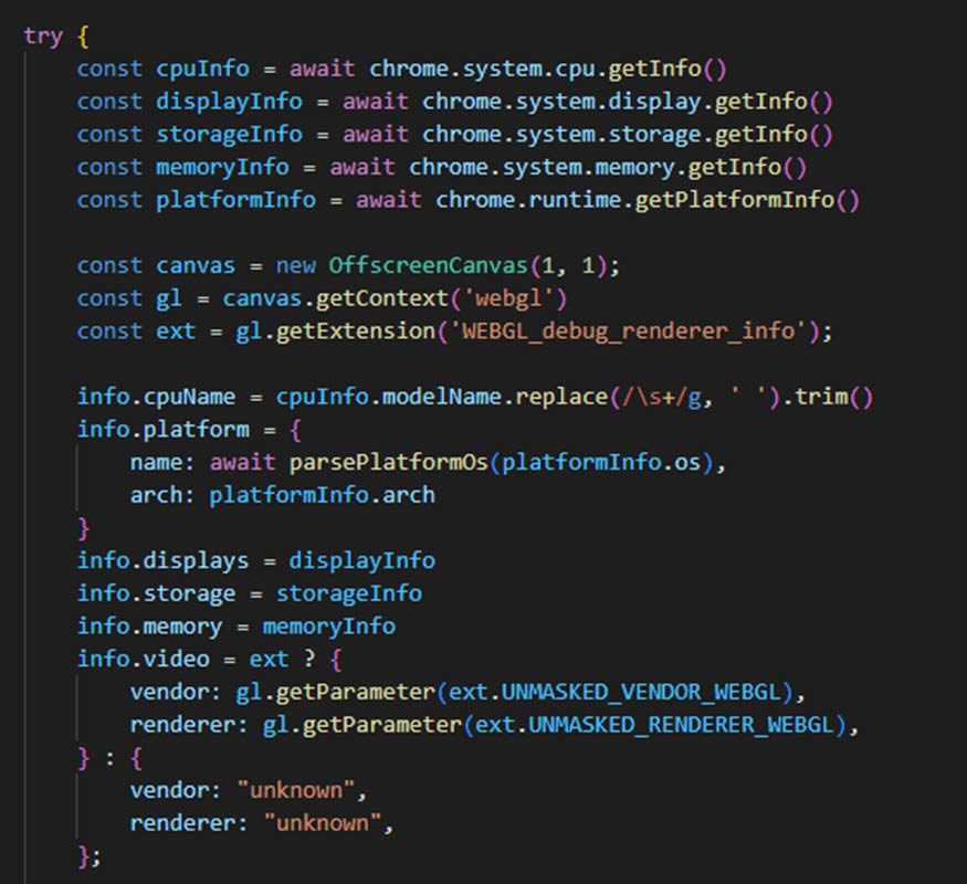 Figure 13 Code snippet to get system information.