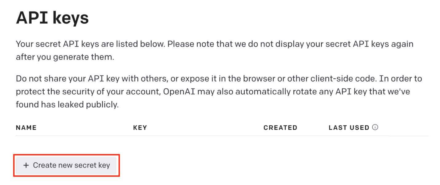 Figure 7: Create OpenAI API key