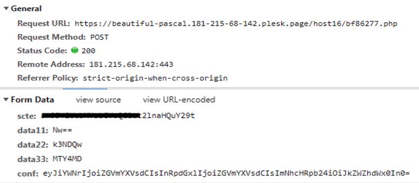 Figure 8: Post request to receive the final phishing page
